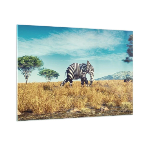 Impression sur verre - Image sur verre - Un éléphant avec des rayures de zèbre dans la savane sous le ciel - 100x70cm - Le gris n'est déjà plus à la mode - Décoration murale moderne pour le salon et la chambre ARTTOR