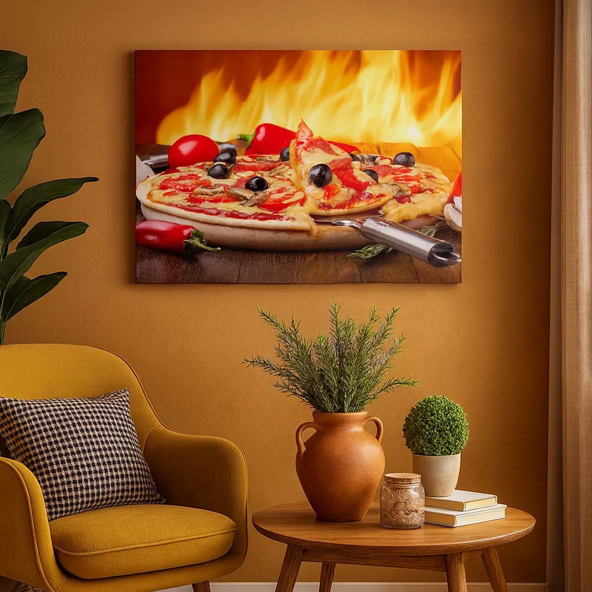 Impression sur toile - Image sur toile - Pizza aux olives, tomates et poivrons sur fond de flammes - 70x50cm - From Italy with love - Décoration murale moderne pour le salon et la chambre ARTTOR