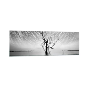 Impression sur verre - Image sur verre - Un arbre dans l'eau sous un ciel nocturne avec des étoiles en mouvement - 160x50cm - La symphonie de la nature - Décoration murale moderne pour le salon et la chambre ARTTOR