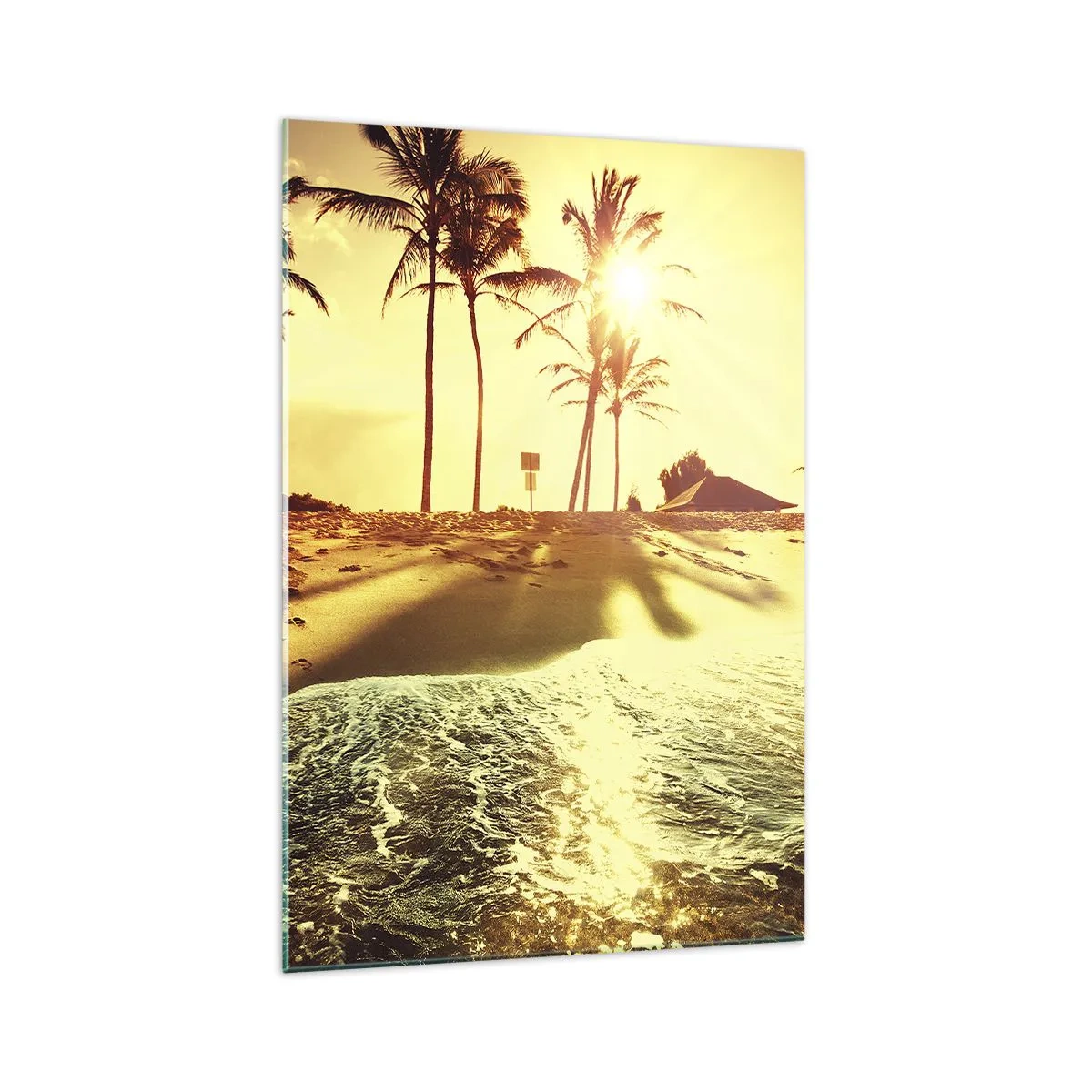 Impression sur verre - Image sur verre - Une plage avec des palmiers illuminée par un coucher de soleil chaud - 70x100cm - Après-midi californien - Décoration murale moderne pour le salon et la chambre ARTTOR