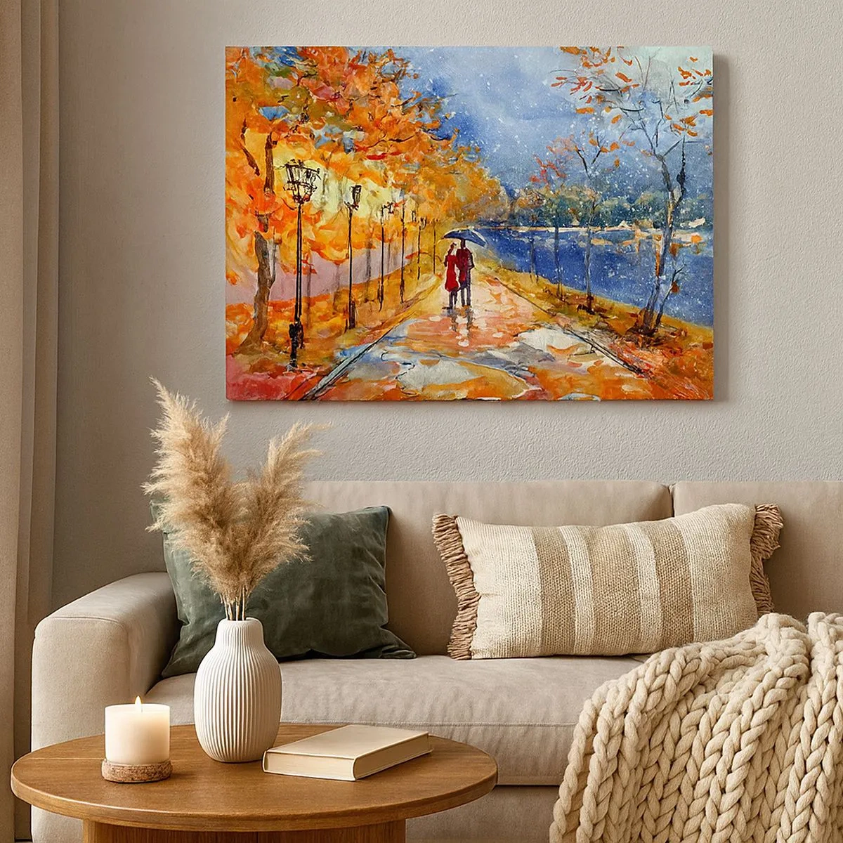 Impression sur toile - Image sur toile - Une promenade d'automne dans le parc au bord de la rivière sous un parasol - 70x50cm - Ensemble jusqu'au bout du temps - Décoration murale moderne pour le salon et la chambre ARTTOR