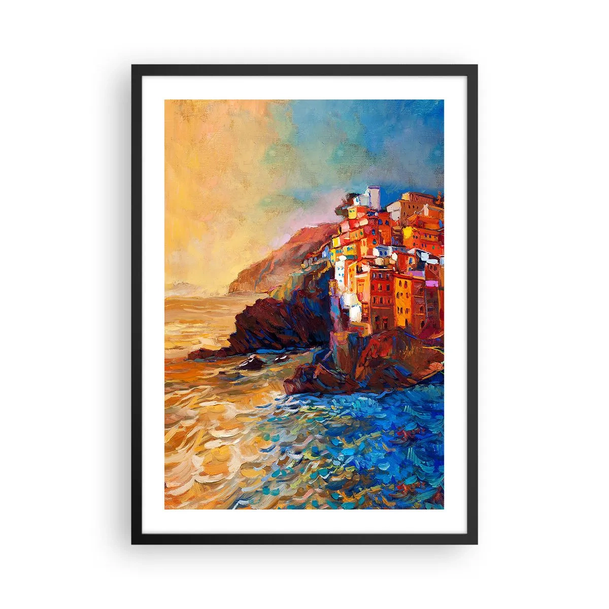 Affiche dans un cadre noir - Poster - Bâtiments colorés surplombant la falaise et la mer au coucher du soleil - 50x70cm - Climats italien - Décoration murale moderne pour le salon et la chambre ARTTOR