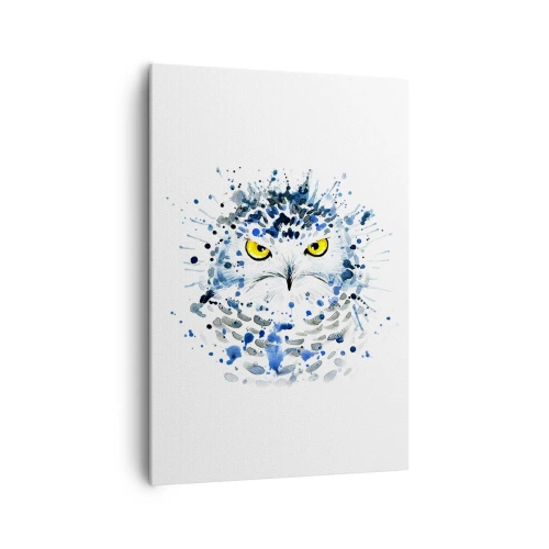 Impression sur toile - Image sur toile - Portrait abstrait d'un hibou aux couleurs bleu et jaune - 70x100cm - Droit dans les yeux - Décoration murale moderne pour le salon et la chambre ARTTOR