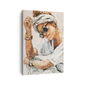 Impression sur toile - Image sur toile - Portrait d'une femme portant des lunettes de soleil contre un mur clair - 50x70cm - Portrait en plein soleil - Décoration murale moderne pour le salon et la chambre ARTTOR