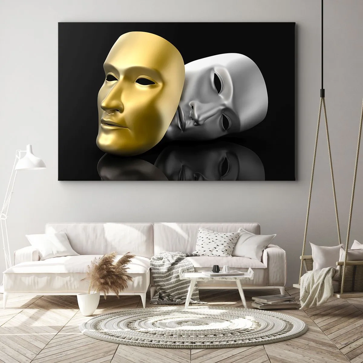 Impression sur toile - Image sur toile - Masque d'or et d'argent sur fond noir - 100x70cm - La vie est un théâtre - Décoration murale moderne pour le salon et la chambre ARTTOR