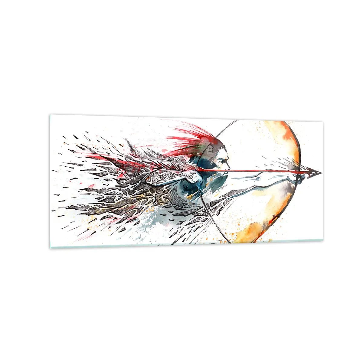 Impression sur verre - Image sur verre - Aquarelle dynamique d'un guerrier avec un arc et des flèches - 120x50cm - Guerrier mythique avec un arc de feu - Décoration murale moderne pour le salon et la chambre ARTTOR
