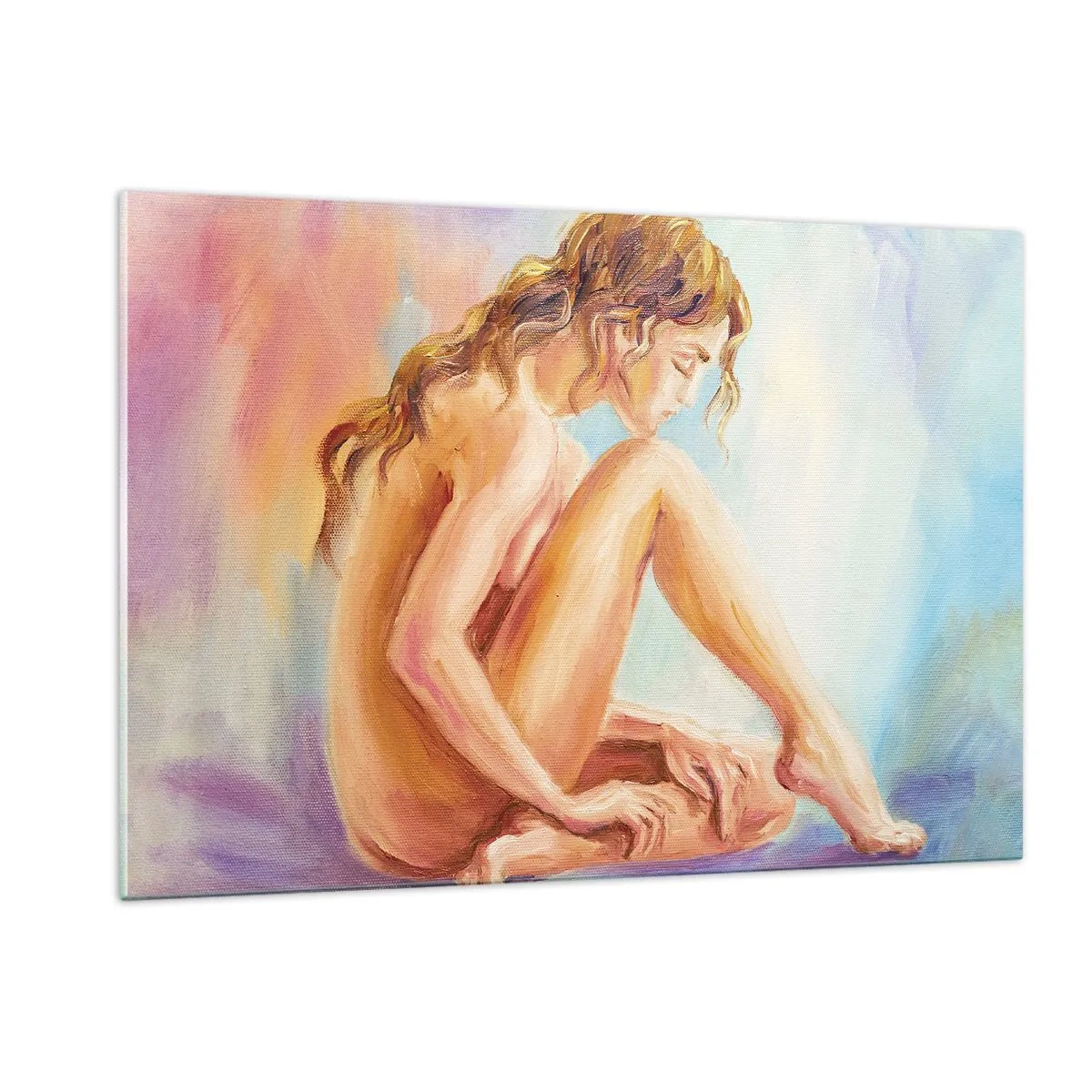 Impression sur verre - Image sur verre - Une femme en reflet subtil sur un fond de couleurs pastel - 120x80cm - Acte de jeunesse - Décoration murale moderne pour le salon et la chambre ARTTOR
