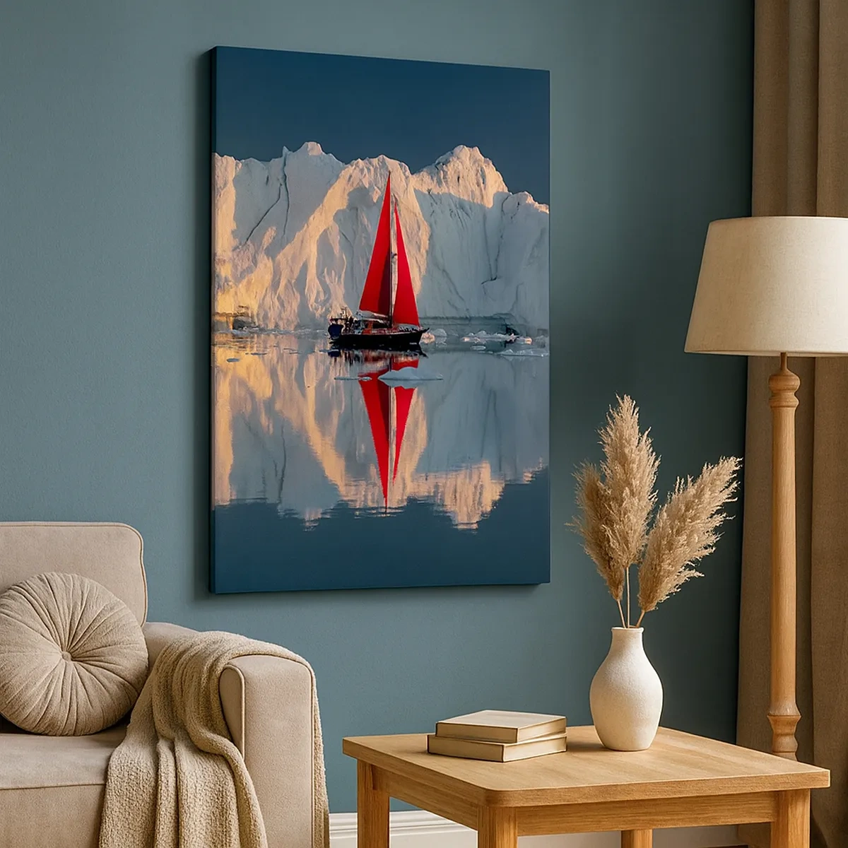 Impression sur toile - Image sur toile - Un voilier avec une voile rouge sur fond de glacier - 50x70cm - Aux limites du monde - Décoration murale moderne pour le salon et la chambre ARTTOR
