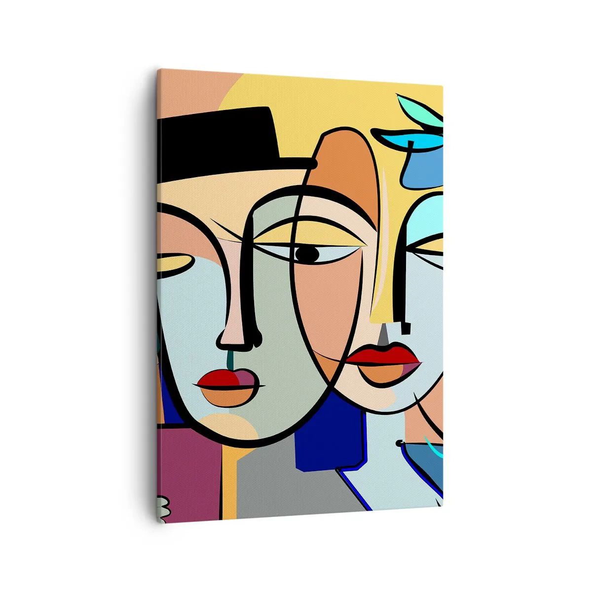 Impression sur toile - Image sur toile - Portraits cubistes aux couleurs vives avec un motif floral - 50x70cm - Le Rendez-vous de Picasso - Décoration murale moderne pour le salon et la chambre ARTTOR