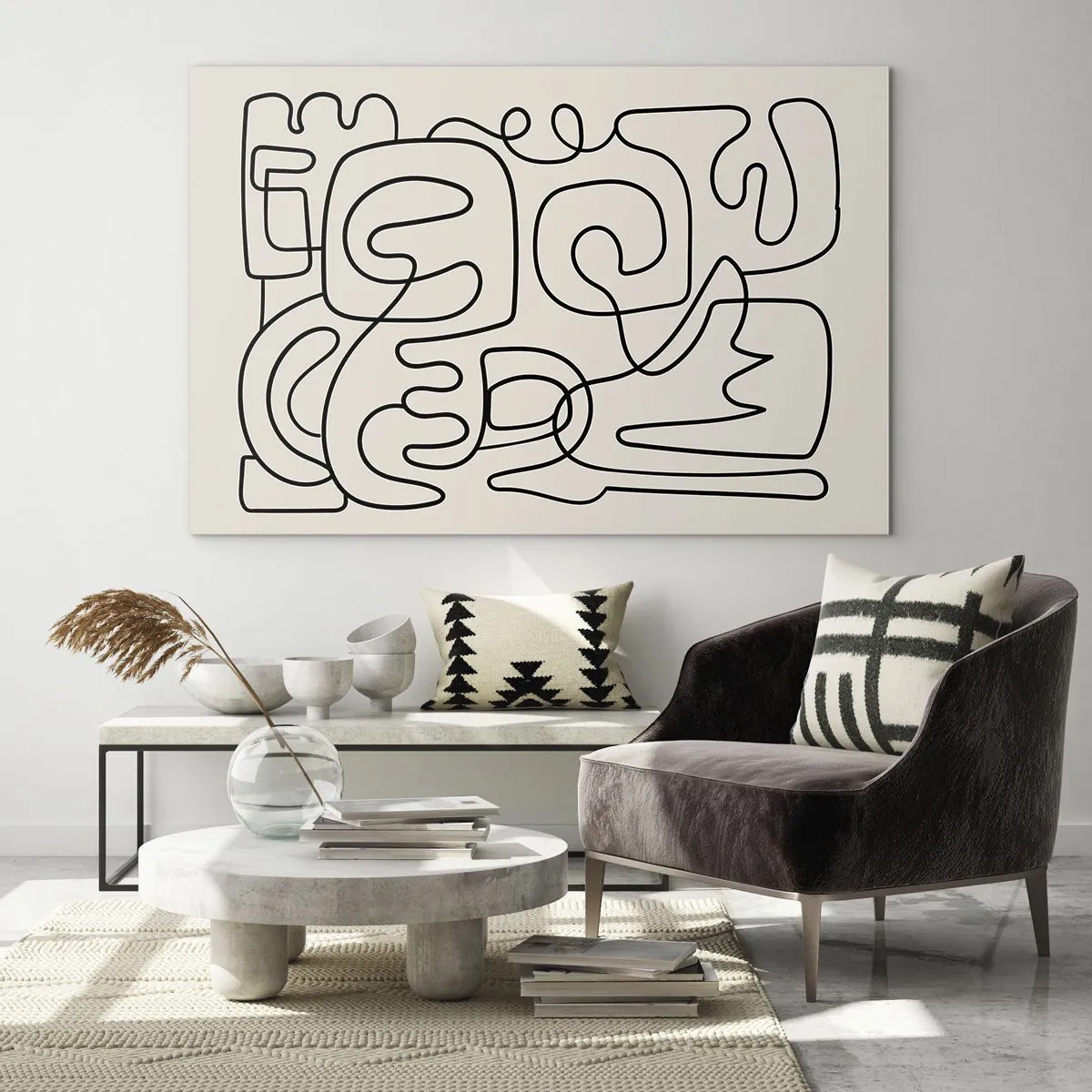 Impression sur verre - Image sur verre - Des lignes abstraites noires forment un motif complexe sur fond beige - 120x80cm - Suivez les indices - Décoration murale moderne pour le salon et la chambre ARTTOR