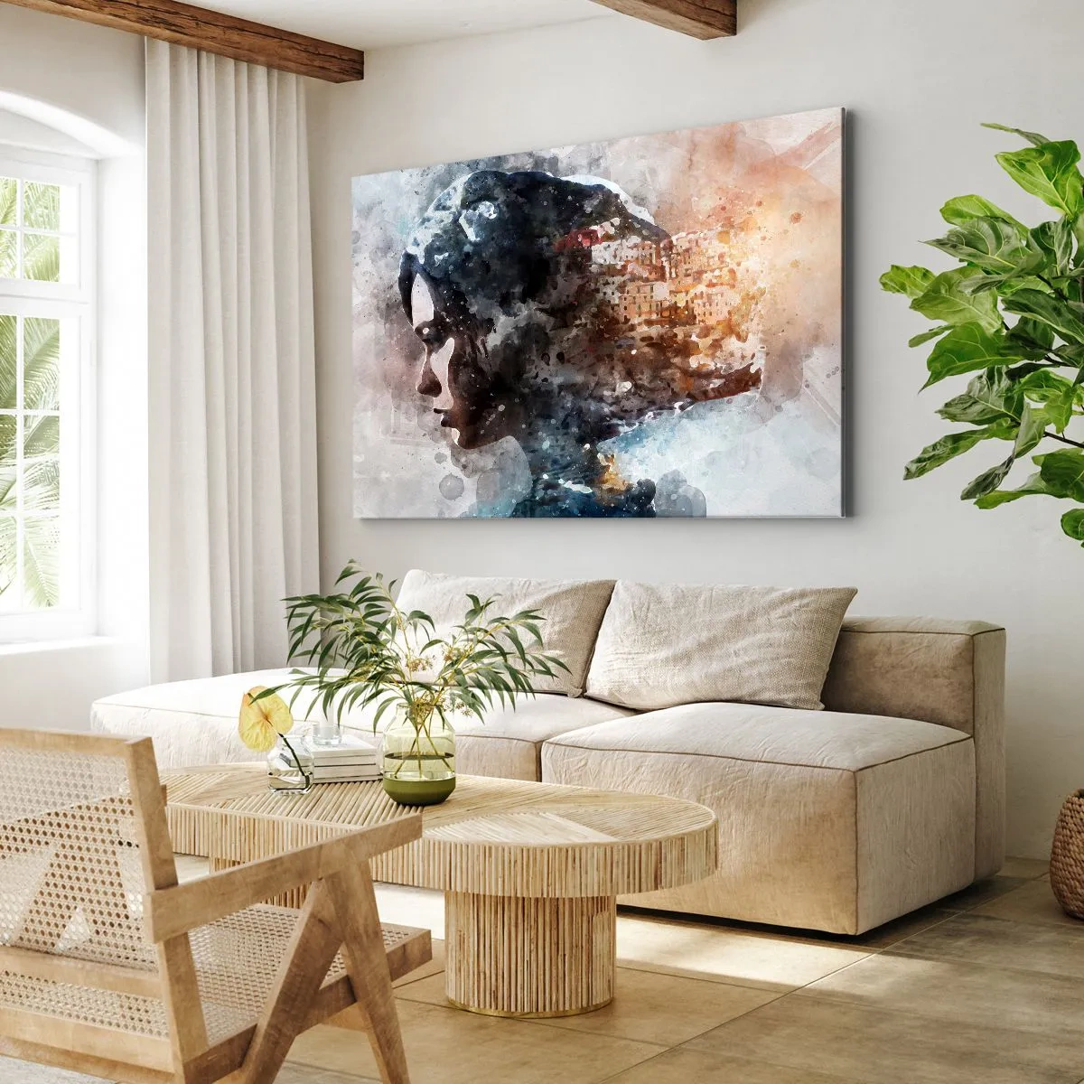 Impression sur toile - Image sur toile - Portrait d'une femme combinant son visage avec un paysage urbain en arrière-plan - 100x70cm - L'histoire d'une fille avec une ville en arrière-plan - Décoration murale moderne pour le salon et la chambre ARTTOR