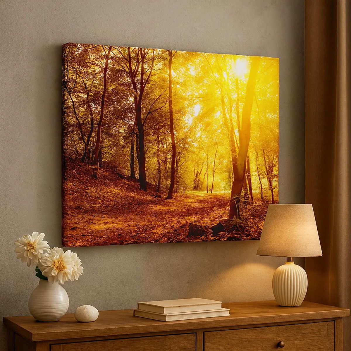Impression sur toile - Image sur toile - Clairière d'automne sous le soleil doré avec un sentier forestier - 70x50cm - Vers la clairière dorée - Décoration murale moderne pour le salon et la chambre ARTTOR
