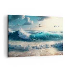 Impression sur toile - Image sur toile - Vagues de la mer sur la plage sous un ciel bleu avec des mouettes - 100x70cm - Ça bourdonne seulement pour toi - Décoration murale moderne pour le salon et la chambre ARTTOR