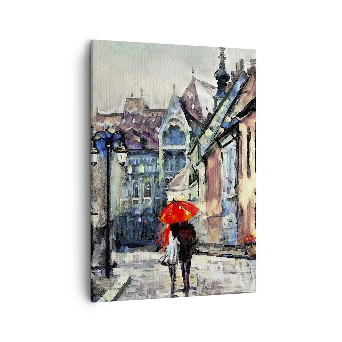 Impression sur toile - Image sur toile - Une charmante rue de la ville avec un couple sous un parapluie rouge - 50x70cm - Pluie pour deux - Décoration murale moderne pour le salon et la chambre ARTTOR