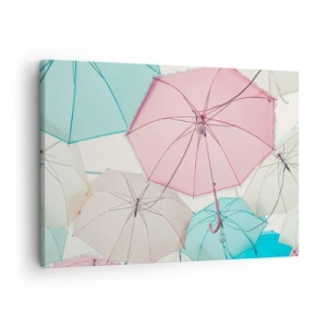 Impression sur toile - Image sur toile - Parapluies pastel contre un ciel lumineux - 70x50cm - Parfois le soleil, parfois la pluie - Décoration murale moderne pour le salon et la chambre ARTTOR