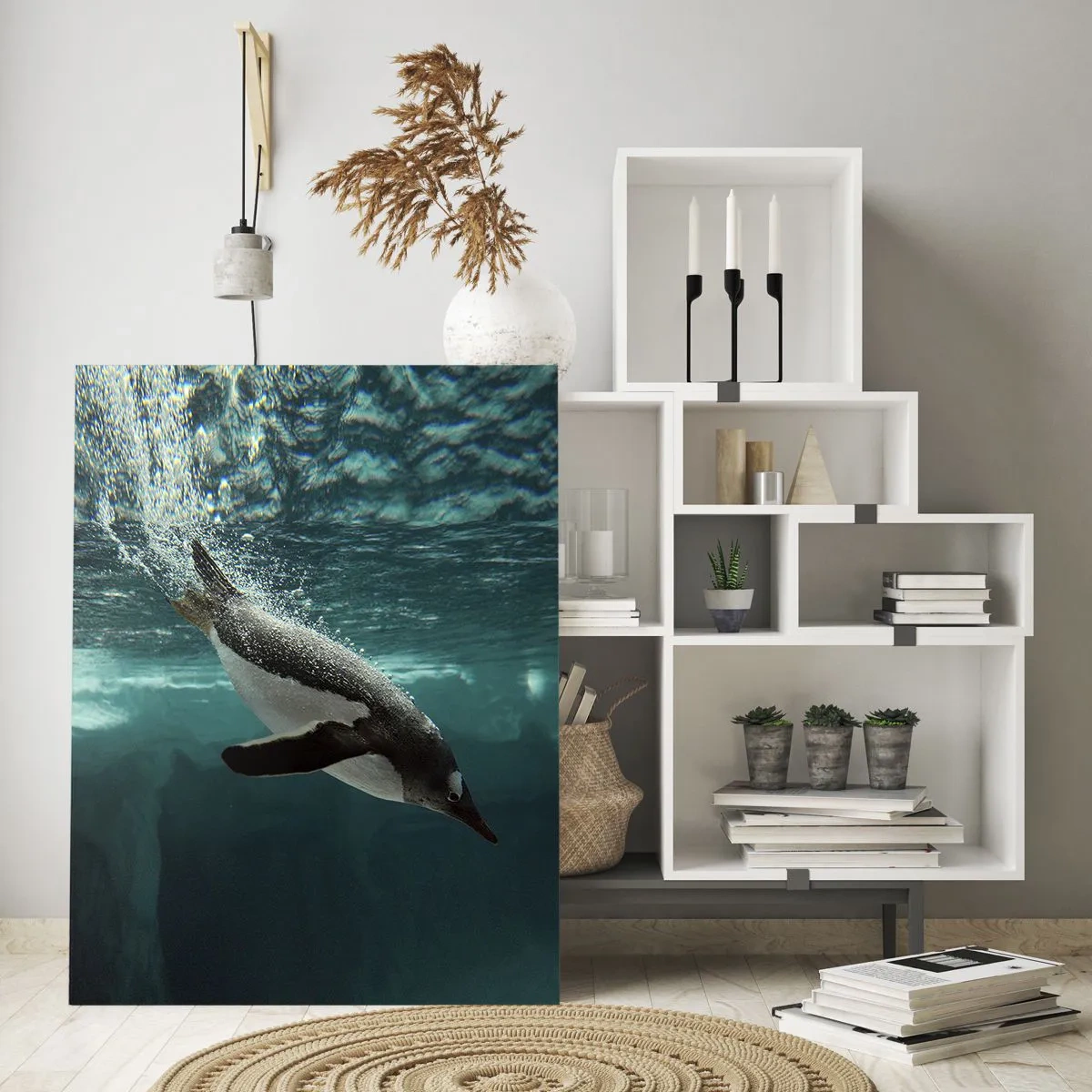Impression sur verre - Image sur verre - Un pingouin plongeant dans les profondeurs de l'eau glacée - 70x100cm - Bienvenue dans mon monde - Décoration murale moderne pour le salon et la chambre ARTTOR