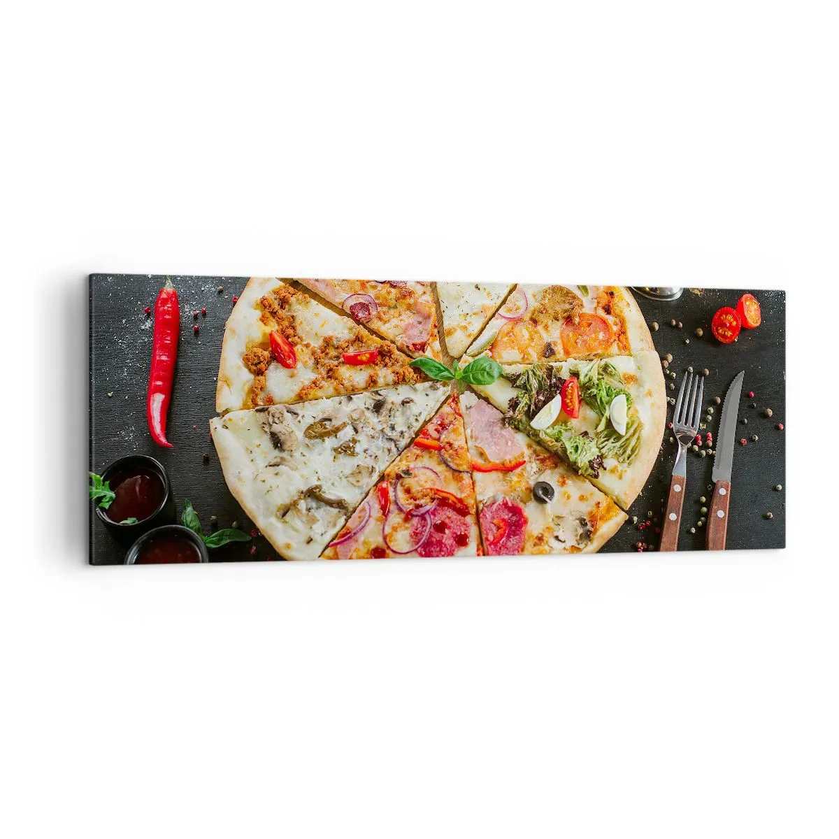 Impression sur toile - Image sur toile - Pizza aux saveurs variées avec un fond de garnitures - 140x50cm - Une gamme de saveurs - Décoration murale moderne pour le salon et la chambre ARTTOR