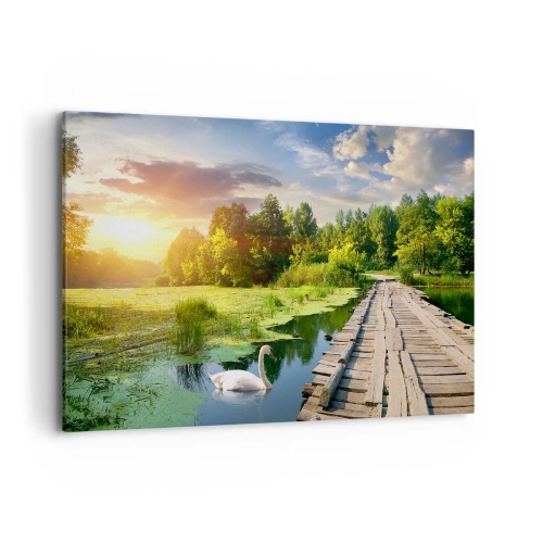 Impression sur toile - Image sur toile - Un paysage pittoresque avec un pont et un cygne - 100x70cm - L'été, l'été partout - Décoration murale moderne pour le salon et la chambre ARTTOR