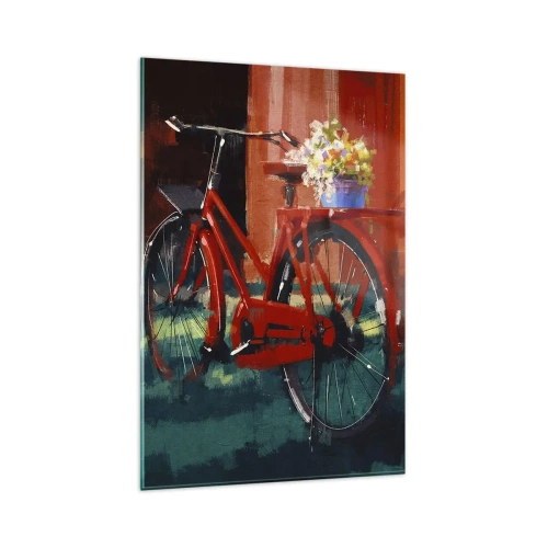 Impression sur verre - Image sur verre - Un vélo rouge avec des fleurs contre un mur orange - 80x120cm - I want to ride my bicycle - Décoration murale moderne pour le salon et la chambre ARTTOR