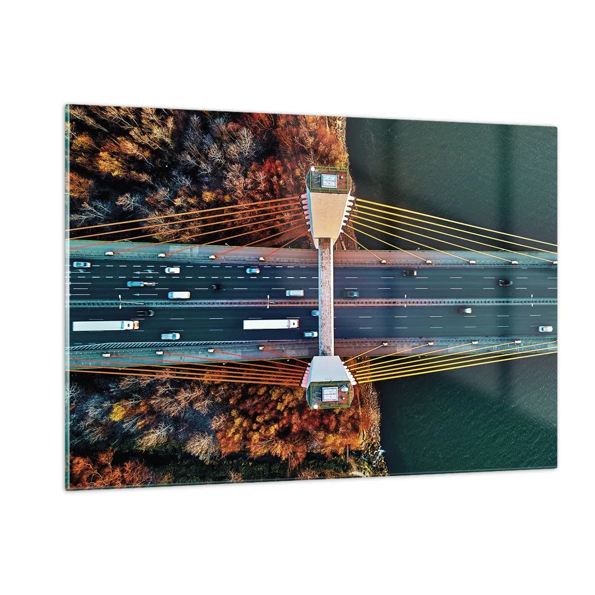 Impression sur verre - Image sur verre - Vue aérienne du pont avec une disposition symétrique des câbles et des voitures - 120x80cm - Au dessus de l'eau et de la forêt - Décoration murale moderne pour le salon et la chambre ARTTOR