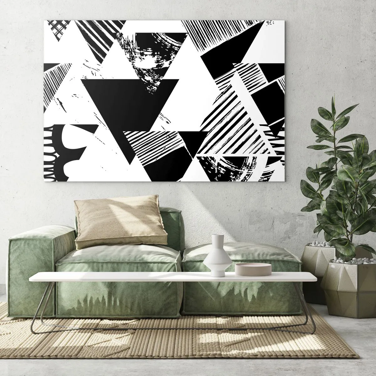 Impression sur verre - Image sur verre - Motifs géométriques noirs et blancs avec des motifs triangulaires - 70x50cm - Pluie de triangles - Décoration murale moderne pour le salon et la chambre ARTTOR