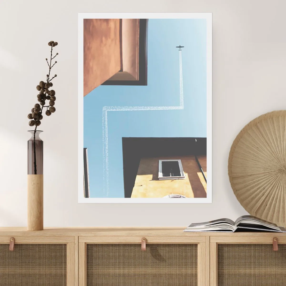 Affiche - Poster - Perspective de bâtiments avec un avion et un chemin inhabituel dans le ciel - 50x70cm - Au-dessus du labyrinthe de la ville - Décoration murale moderne pour le salon et la chambre ARTTOR