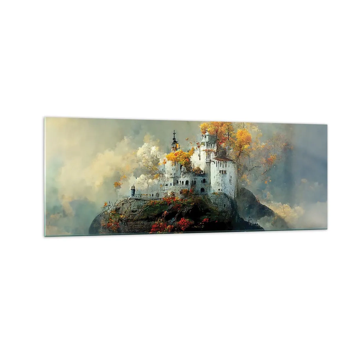 Impression sur verre - Image sur verre - Un château sur une colline entouré d'arbres d'automne - 140x50cm - Le début d'une histoire romantique - Décoration murale moderne pour le salon et la chambre ARTTOR
