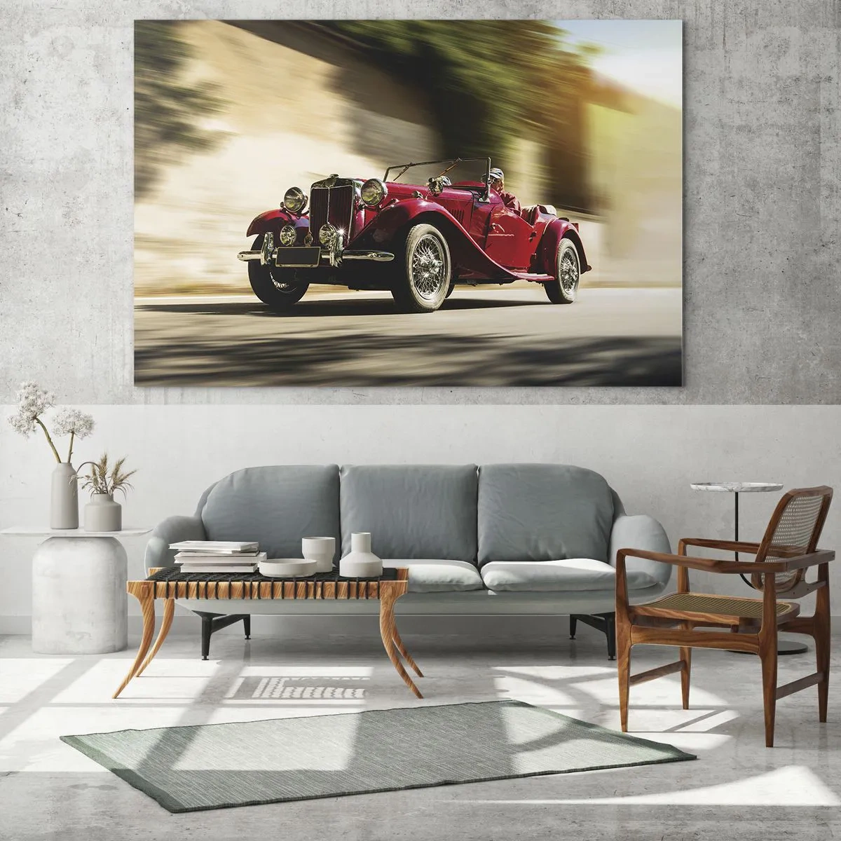 Impression sur verre - Image sur verre - Voiture classique rouge en mouvement dans une rue ensoleillée - 120x50cm - Plus belle que Nike de Samothrace - Décoration murale moderne pour le salon et la chambre ARTTOR