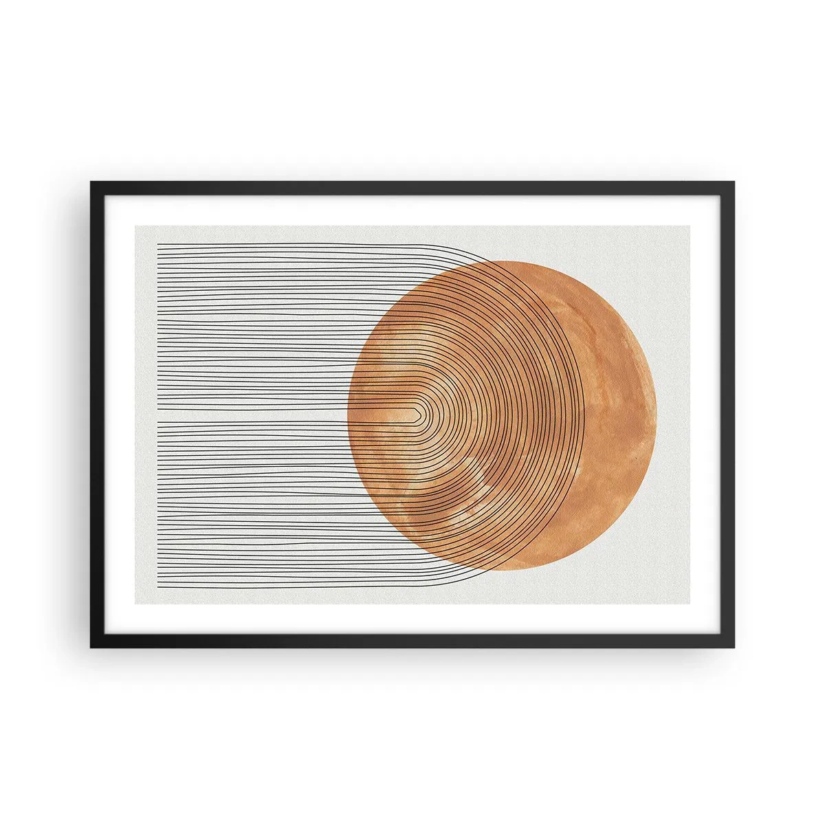 Affiche dans un cadre noir - Poster - Composition géométrique avec des cercles et des lignes aux couleurs chaudes. - 70x50cm - Composition solaire - Décoration murale moderne pour le salon et la chambre ARTTOR