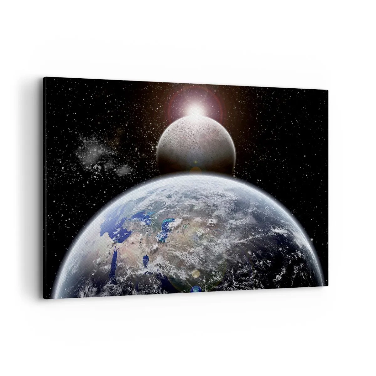 Impression sur toile - Image sur toile - La planète Terre et la Lune sur fond d'espace étoilé. - 100x70cm - Paysage cosmique - lever de soleil - Décoration murale moderne pour le salon et la chambre ARTTOR
