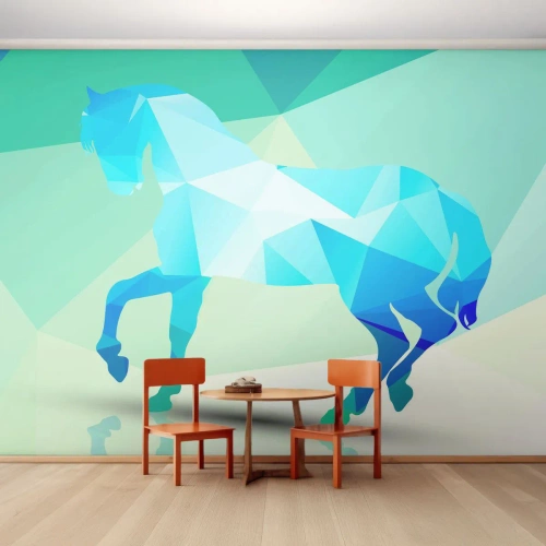 Papier Peint Photo Premium Sand - Silhouette géométrique d'un cheval sur fond vert et bleu - 100x70cm - Cheval géométrique en turquoise - Décoration murale moderne pour le salon et la chambre ARTTOR