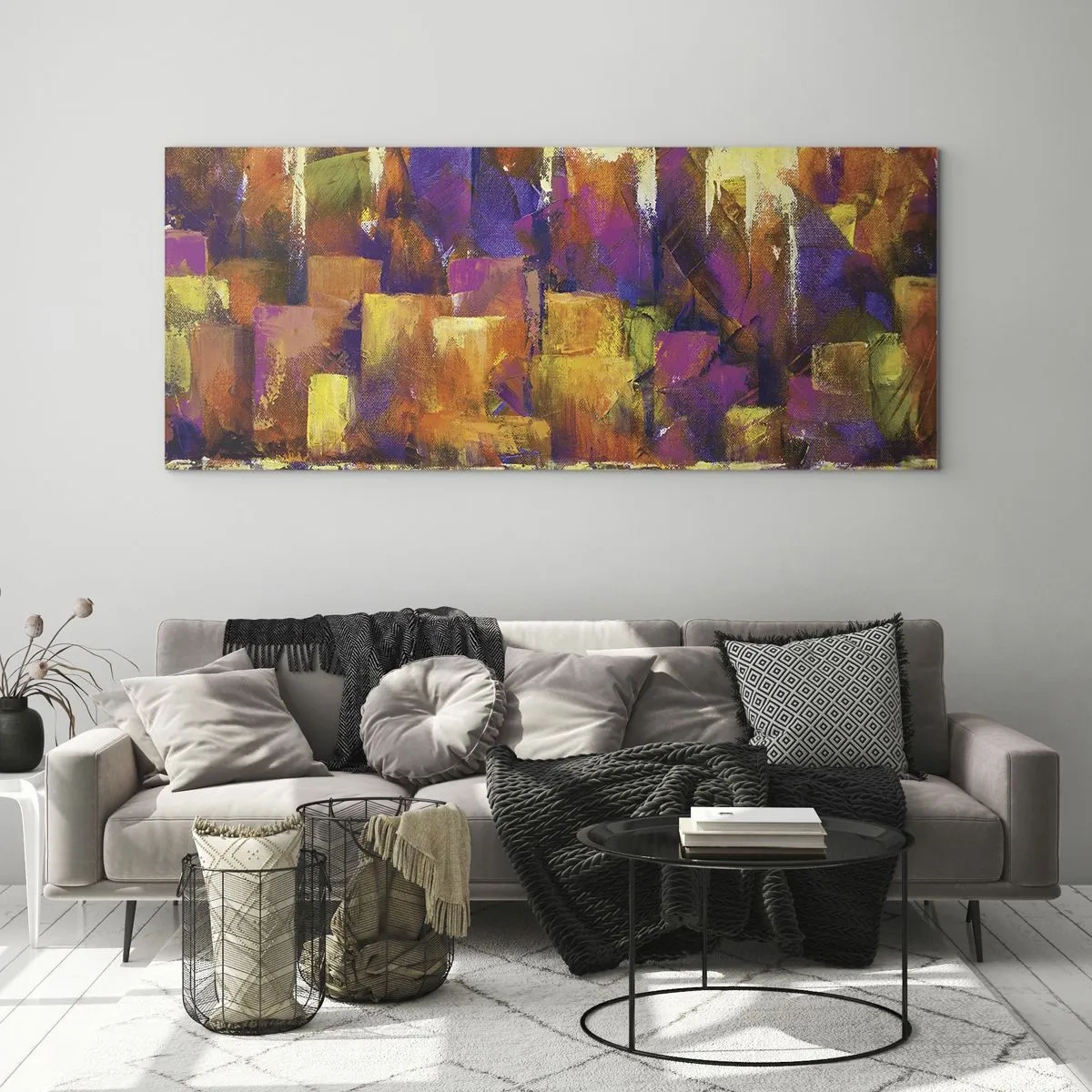 Impression sur verre - Image sur verre - Composition abstraite d'une métropole dans les tons jaune et violet - 160x50cm - Composition métropolitaine - Décoration murale moderne pour le salon et la chambre ARTTOR