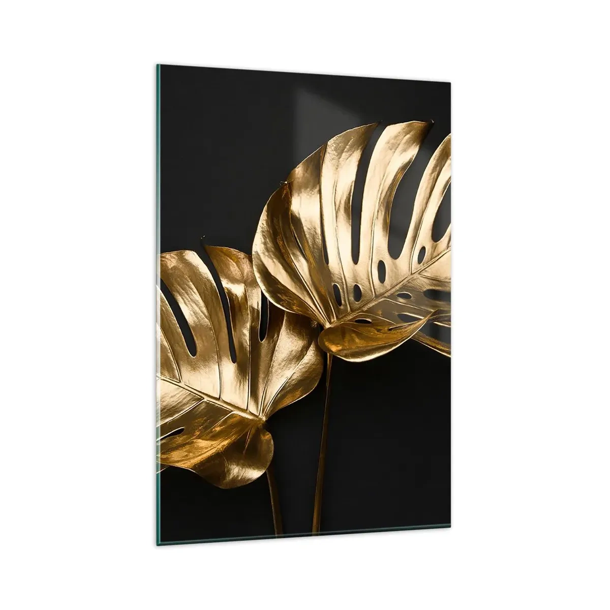 Impression sur verre - Image sur verre - Feuilles de monstera dorées sur fond noir - 80x120cm - Les trésors de la nature - Décoration murale moderne pour le salon et la chambre ARTTOR