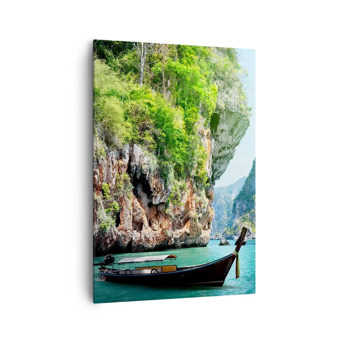 Impression sur toile - Image sur toile - Un bateau traditionnel sur fond de falaises tropicales et d'eaux turquoises - 70x100cm - Une invitation à un voyage exotique - Décoration murale moderne pour le salon et la chambre ARTTOR