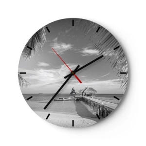 Horloge murale - Pendule murale - Une jetée noire et blanche avec un belvédère sur l'océan et des palmiers dans le cadre. - 30x30cm - Souvenirs ou rêve? - Décoration murale moderne pour le salon, la cuisine et la chambre ARTTOR
