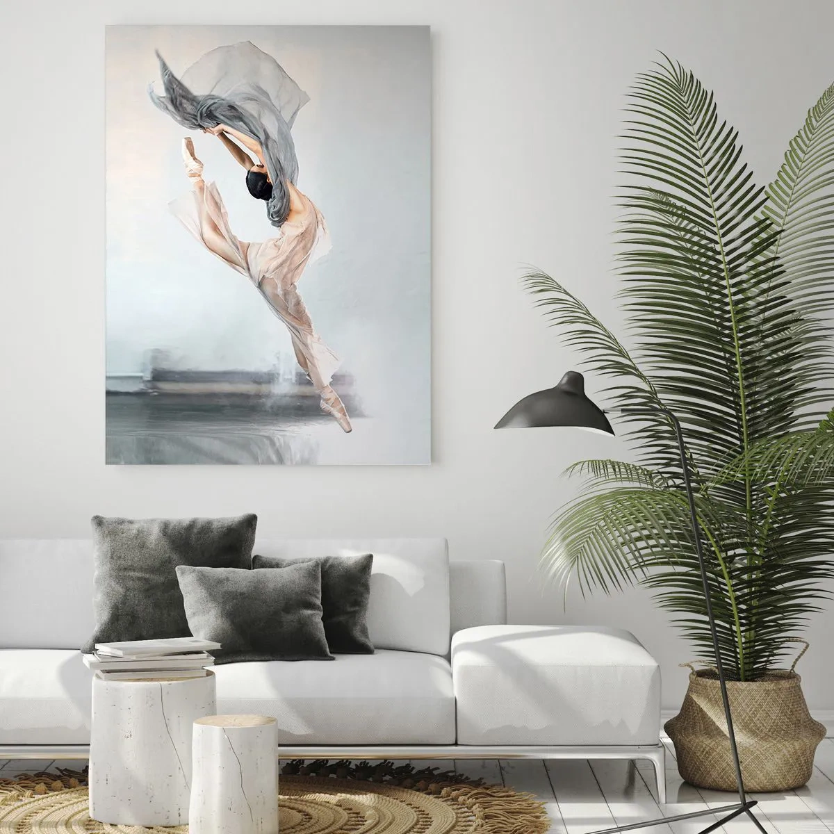 Impression sur verre - Image sur verre - Une ballerine exécute un saut dynamique dans une lumière douce. - 50x70cm - Dans le ravissement de la danse - Décoration murale moderne pour le salon et la chambre ARTTOR