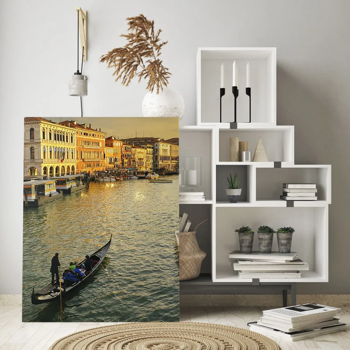 Impression sur verre - Image sur verre - Coucher de soleil sur un canal de Venise avec des gondoles - 50x70cm - Du côté ensoleillé de la rue - Décoration murale moderne pour le salon et la chambre ARTTOR