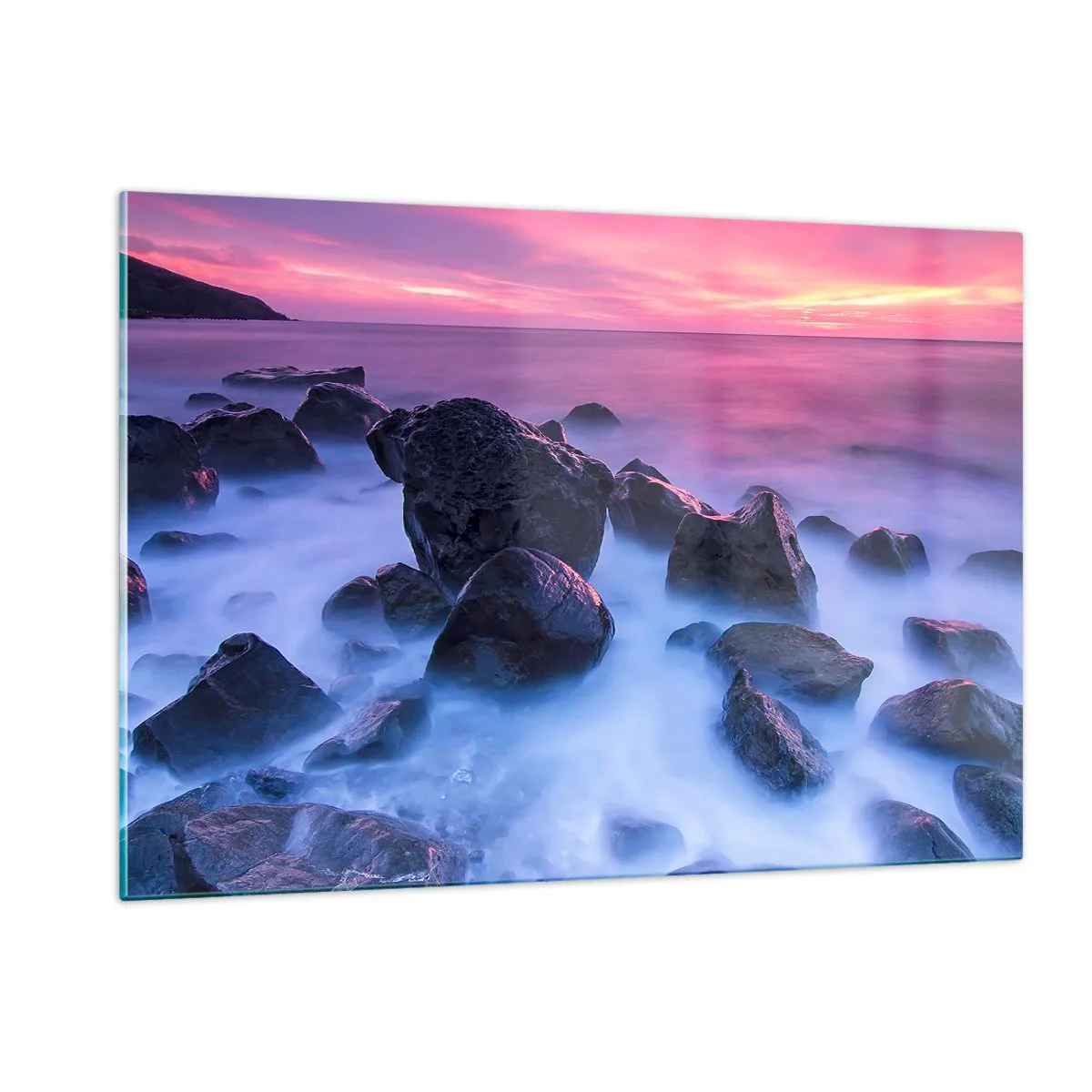 Impression sur verre - Image sur verre - Vagues s'écrasant sur les rochers au coucher du soleil - 120x80cm - Naissance dans la lumière et le brouillard - Décoration murale moderne pour le salon et la chambre ARTTOR