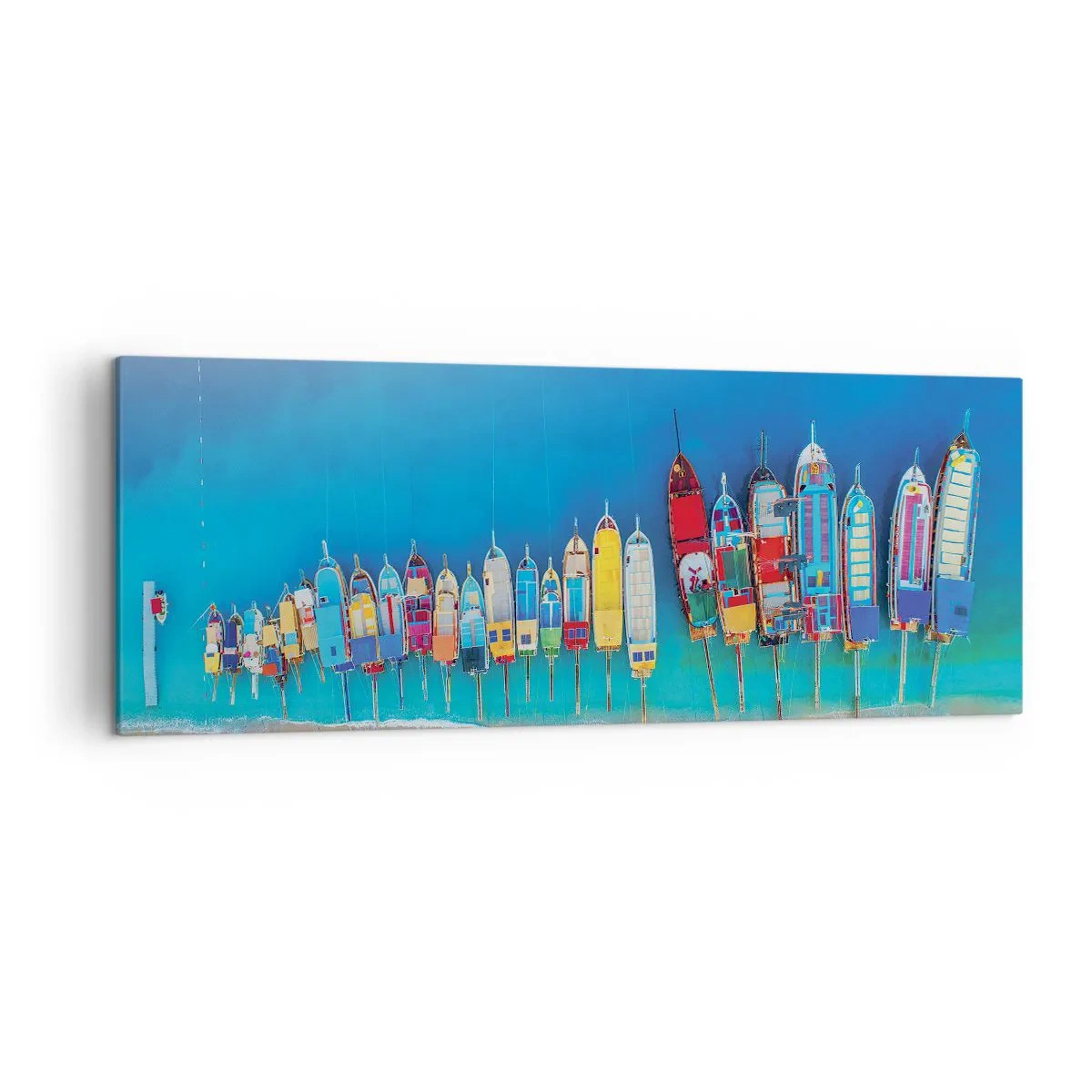 Impression sur toile - Image sur toile - Des bateaux colorés alignés en rangée sur le rivage - 140x50cm - Une vue à vol d'oiseau - Décoration murale moderne pour le salon et la chambre ARTTOR