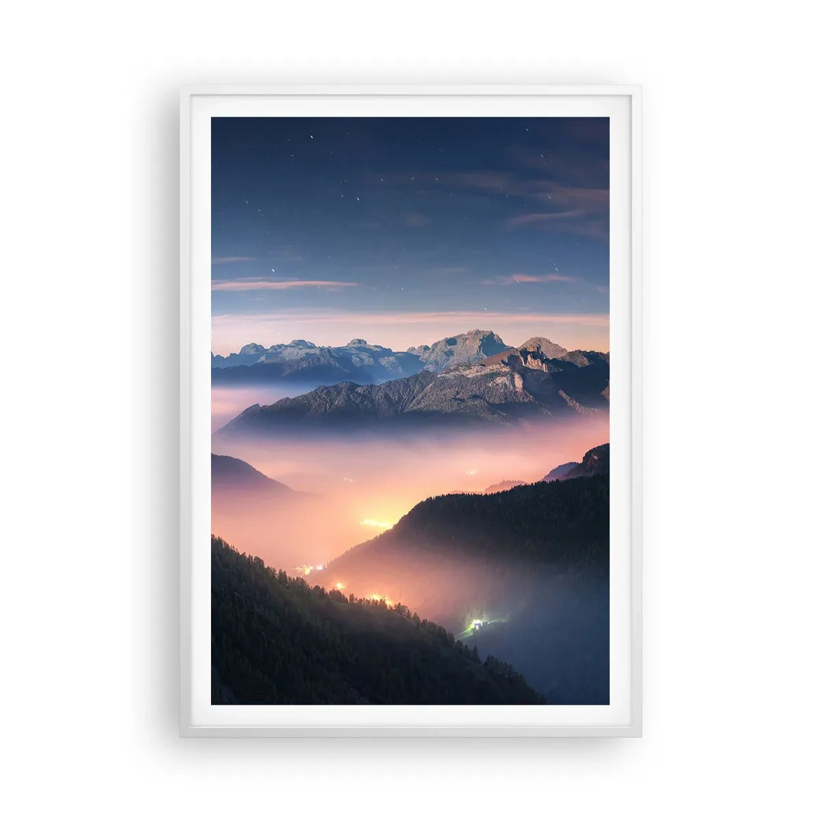 Affiche dans un cadre blanc - Poster - Lumière dans les vallées - 70x100 cm