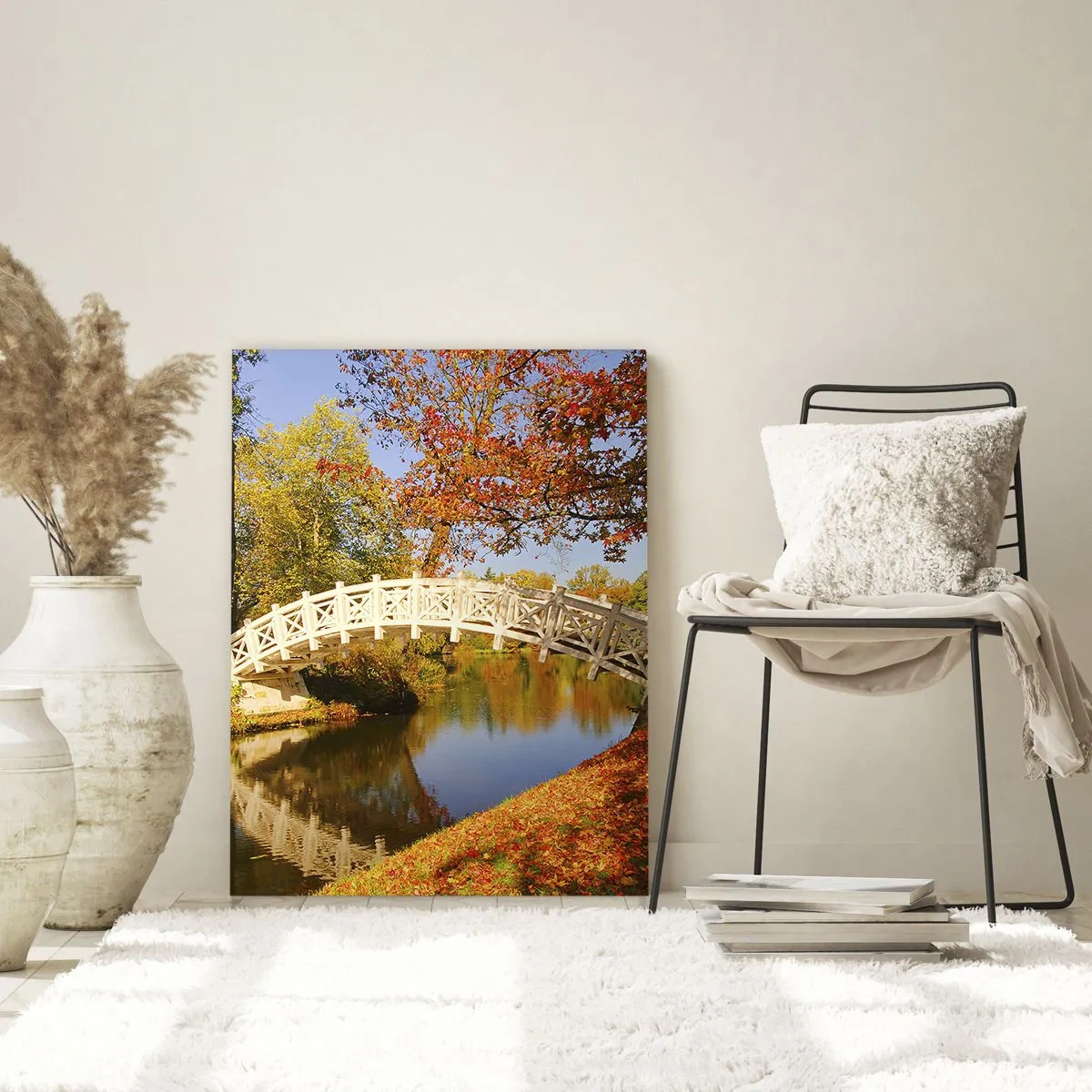 Impression sur verre - Image sur verre - Un pont dans un parc entouré de feuilles d'automne sur une eau calme - 70x100cm - Sur le pont blanc des soupirs - Décoration murale moderne pour le salon et la chambre ARTTOR