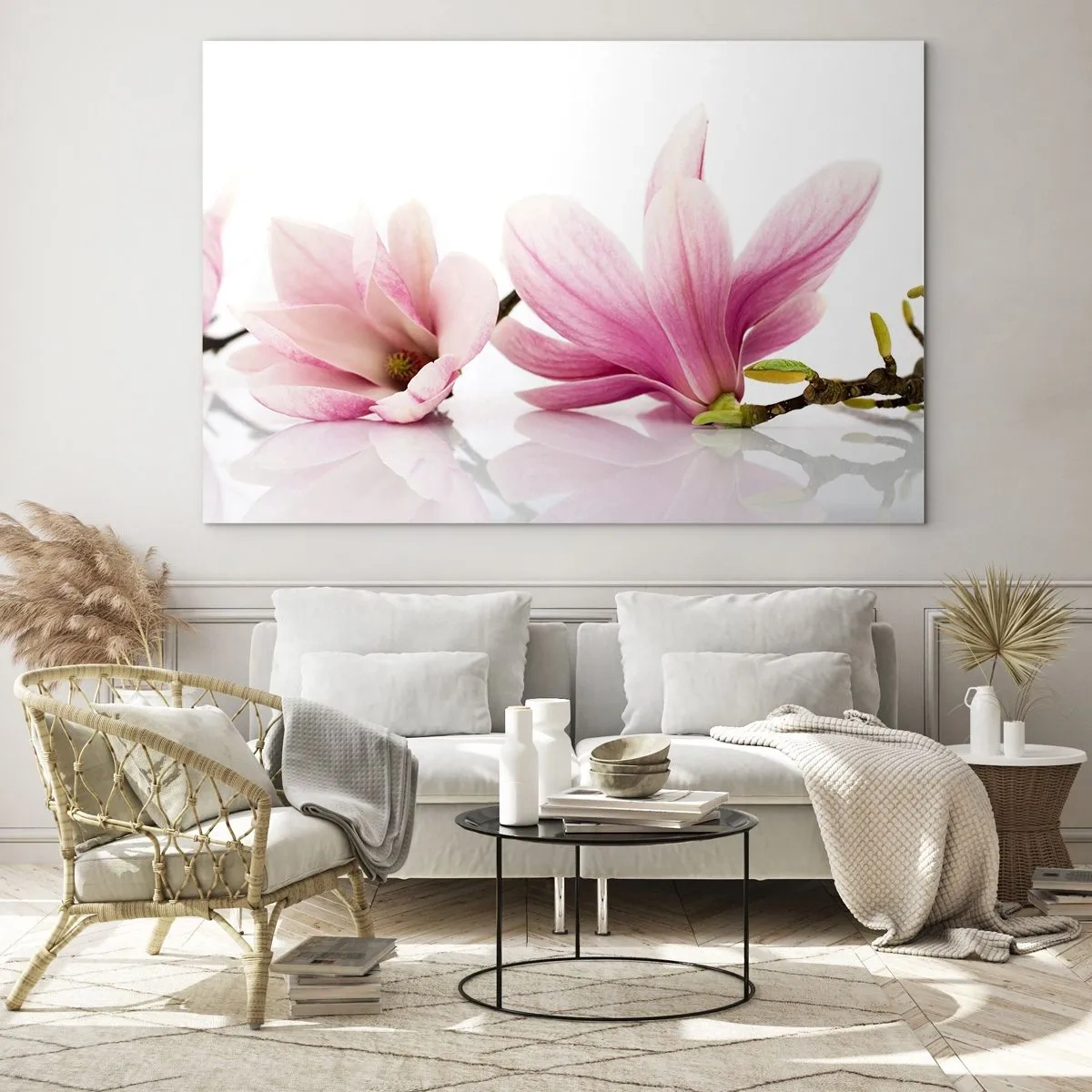 Impression sur verre - Image sur verre - Fleurs de magnolia délicates sur fond blanc - 120x80cm - Délicat comme une brise de printemps - Décoration murale moderne pour le salon et la chambre ARTTOR