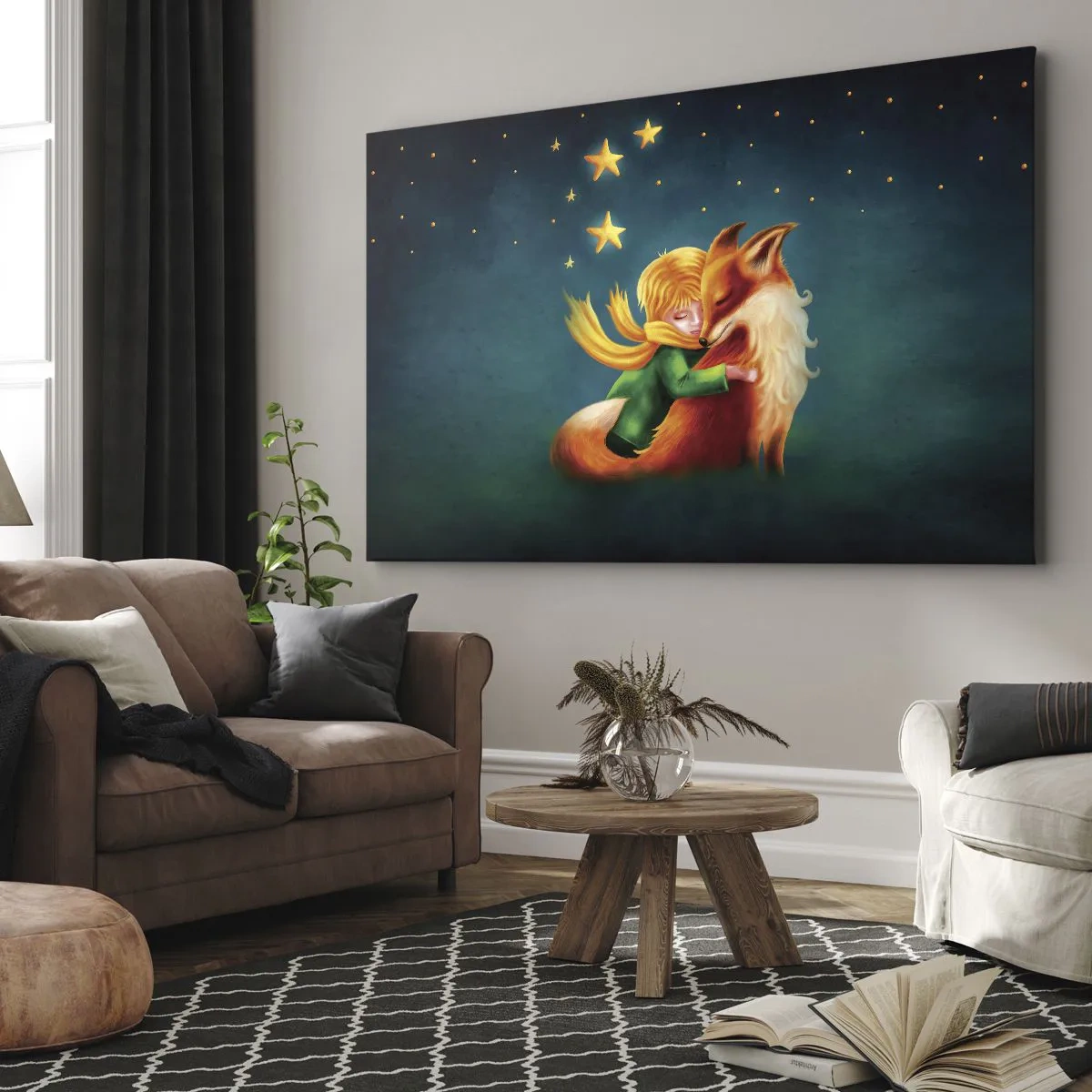 Impression sur toile - Image sur toile - Un garçon avec un renard dans un décor magique avec des étoiles - 120x80cm - Petit Prince - Décoration murale moderne pour le salon et la chambre ARTTOR