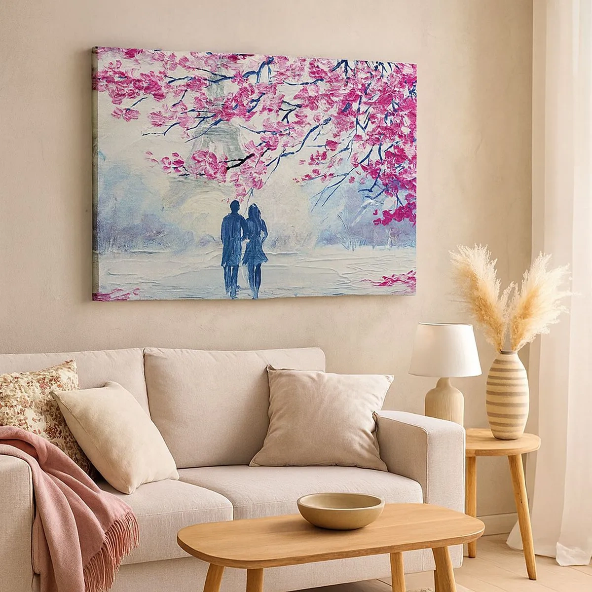 Impression sur toile - Image sur toile - Un couple sous des arbres roses en fleurs dans un cadre romantique - 70x50cm - Ballade romantique - Décoration murale moderne pour le salon et la chambre ARTTOR