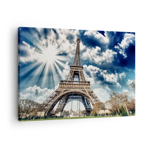 Impression sur toile - Image sur toile - La Tour Eiffel sous un ciel ensoleillé avec des nuages - 70x50cm - La seule et unique sous le soleil - Décoration murale moderne pour le salon et la chambre ARTTOR