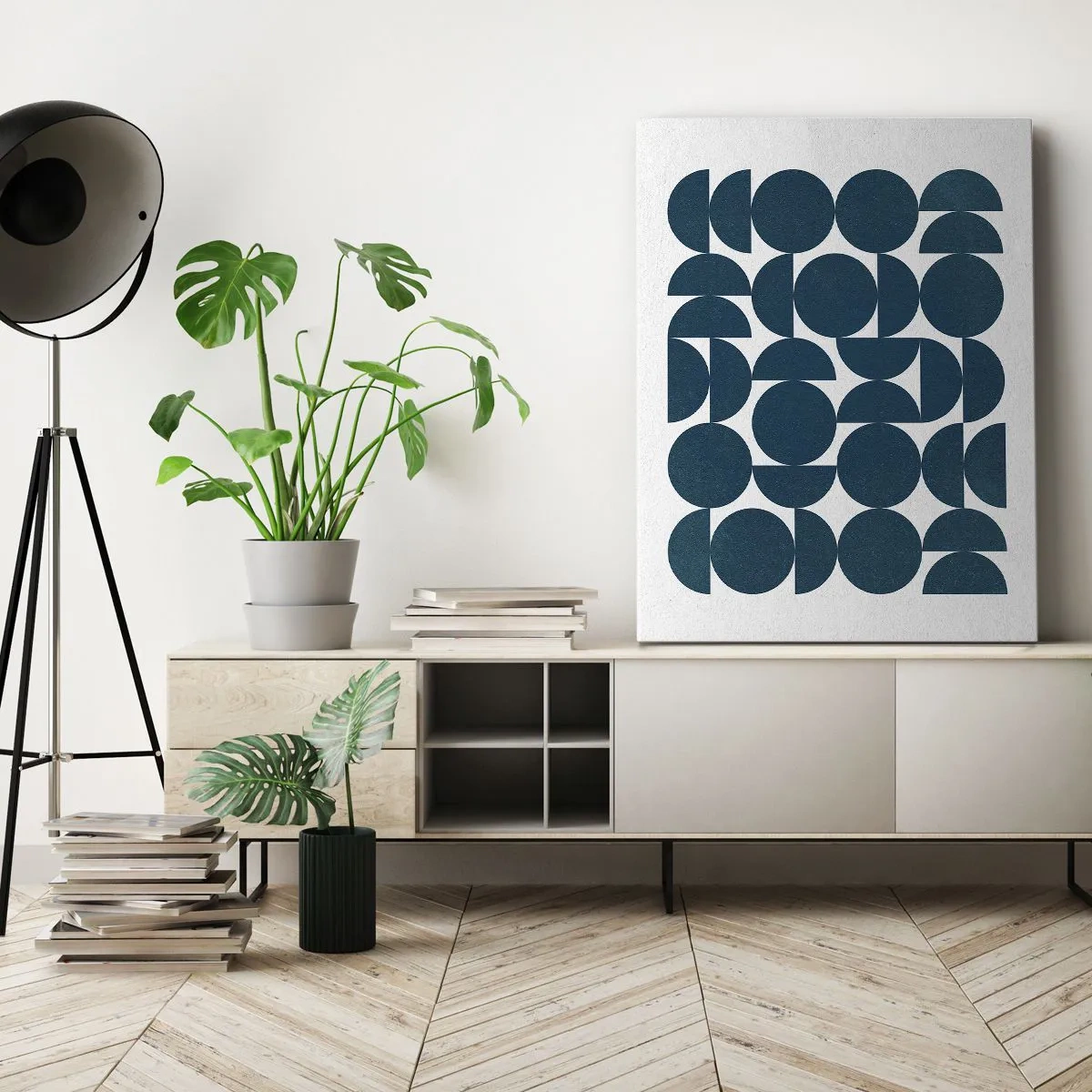 Impression sur toile - Image sur toile - Formes géométriques dans des tons bleu marine sur fond blanc - 80x120cm - Cercles et demi-cercles - Décoration murale moderne pour le salon et la chambre ARTTOR