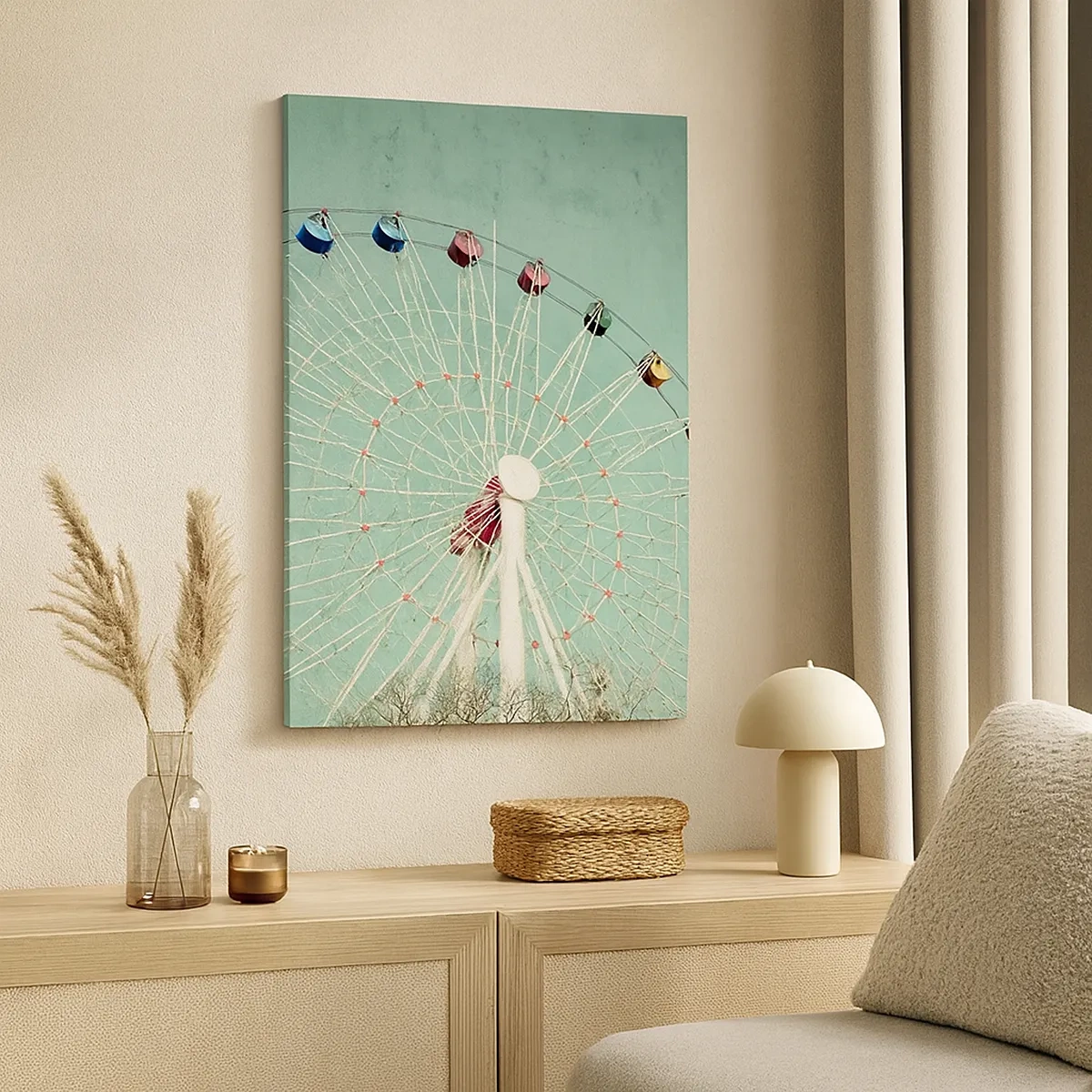 Impression sur toile - Image sur toile - Une grande roue colorée contre un ciel bleu dans un style rétro - 50x70cm - Nous vous invitons à vous amuser - Décoration murale moderne pour le salon et la chambre ARTTOR