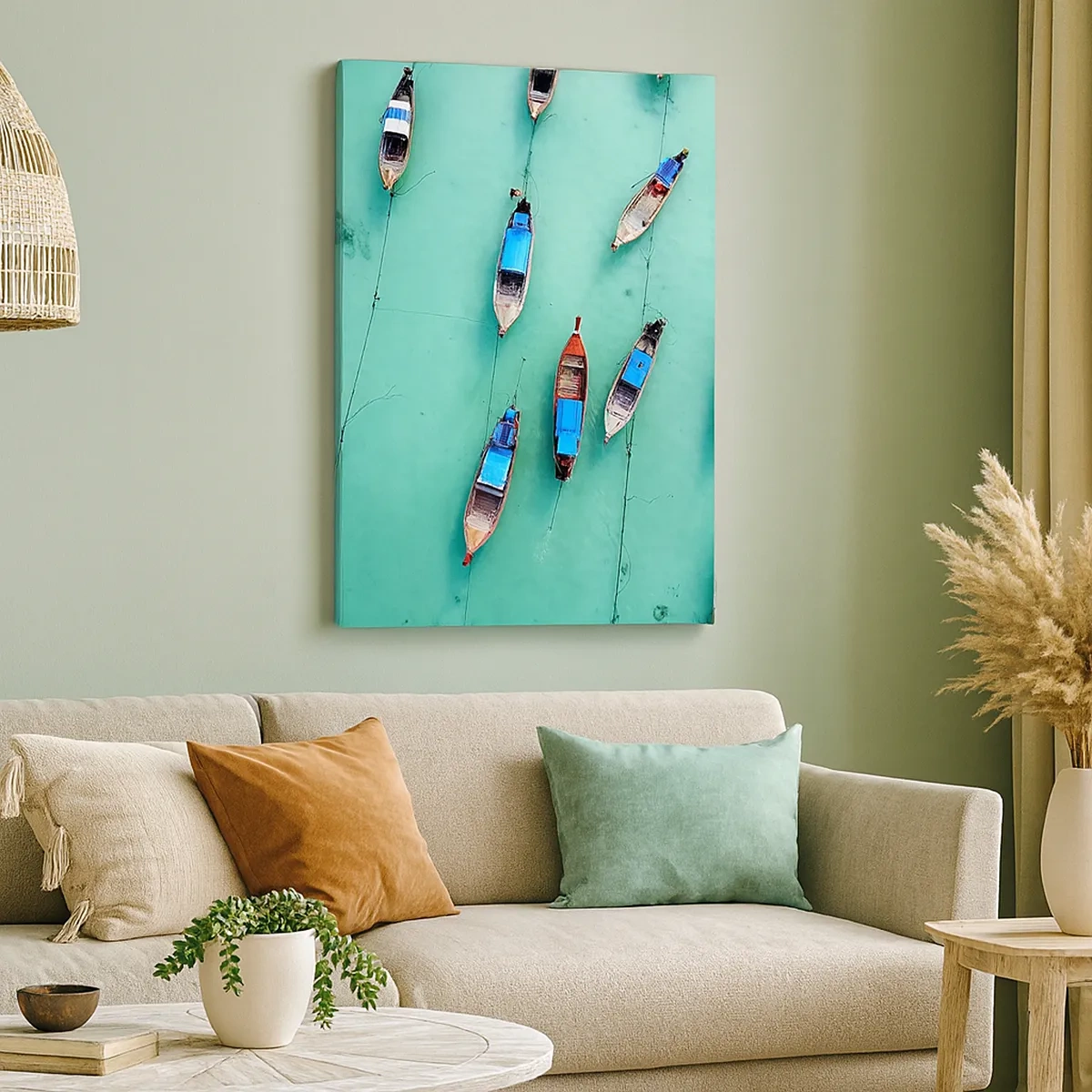 Impression sur toile - Image sur toile - Vue aérienne de bateaux sur une eau turquoise - 50x70cm - Dans une attente jouyeuse - Décoration murale moderne pour le salon et la chambre ARTTOR