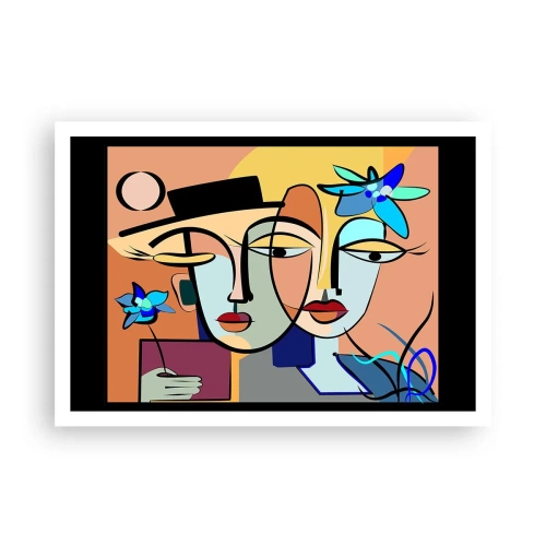 Affiche - Poster - Portraits cubistes aux couleurs vives avec un motif floral - 100x70cm - Le Rendez-vous de Picasso - Décoration murale moderne pour le salon et la chambre ARTTOR