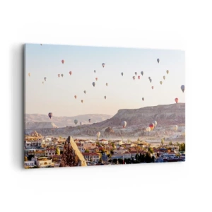 Impression sur toile - Image sur toile - Cappadoce avec des ballons sur fond de collines pittoresques - 120x80cm - Comme des navires dans le ciel - Décoration murale moderne pour le salon et la chambre ARTTOR